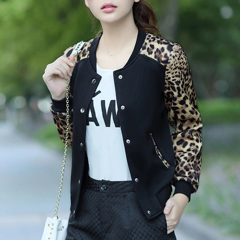 

Leopard Flower Print Plus Size Baseball Basic 2019 Women's Jacket Round Collar Button Thin Bomber Jackets Long Sleeves Girl Coat
