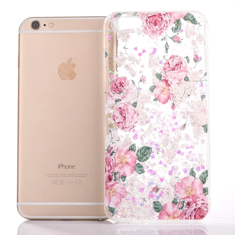 Carcasa For iPhone 6S 6Plus Flower Clear Hard Phone Bumper Coque X 7 8 7Plus 8Plus Floral Bling Liquid Cover |