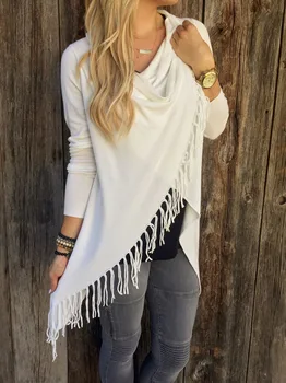 

Zyfpgs 2018 Classical Slim Woman Shirt Long Shirt Off White Tassel V Neck Blouse Women Slant #D0097