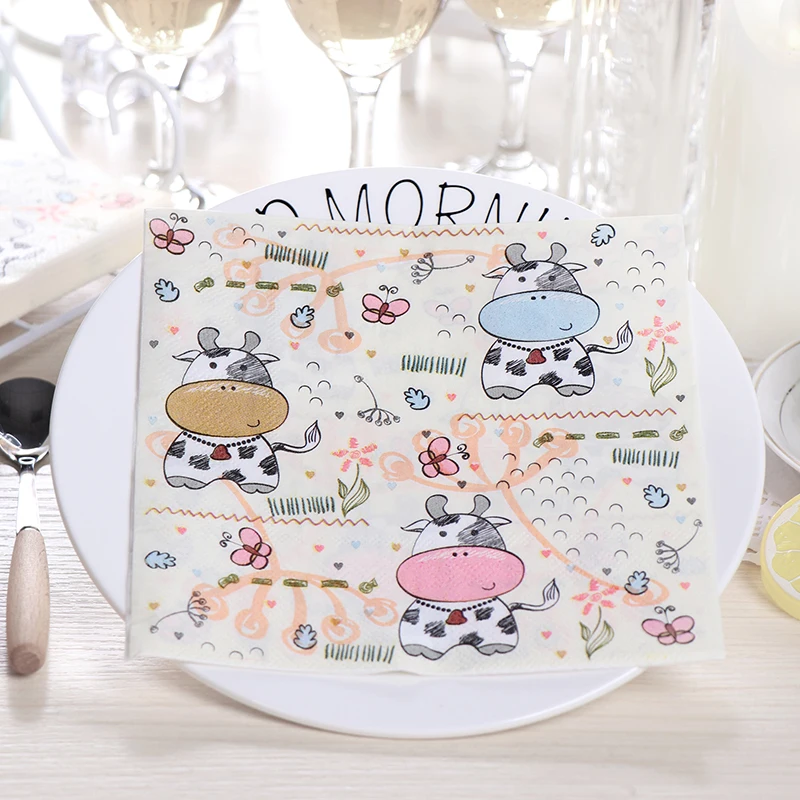 

20 Vintage napkin paper tissue print cute cow decoupage wedding serviette Anniversary kid birthday party handkerchief decor