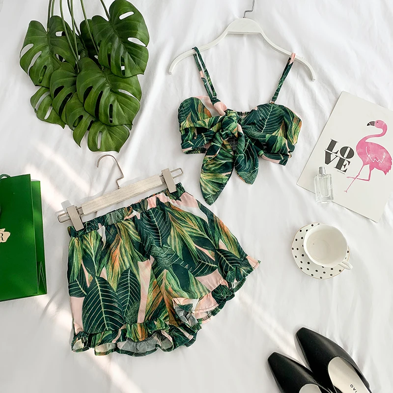

Women's Sets Fashion Summer Sexy V-neck Crop Top And Short Set Woman Plant Flowers Printed Suits Twinset Girls Two Piece Set