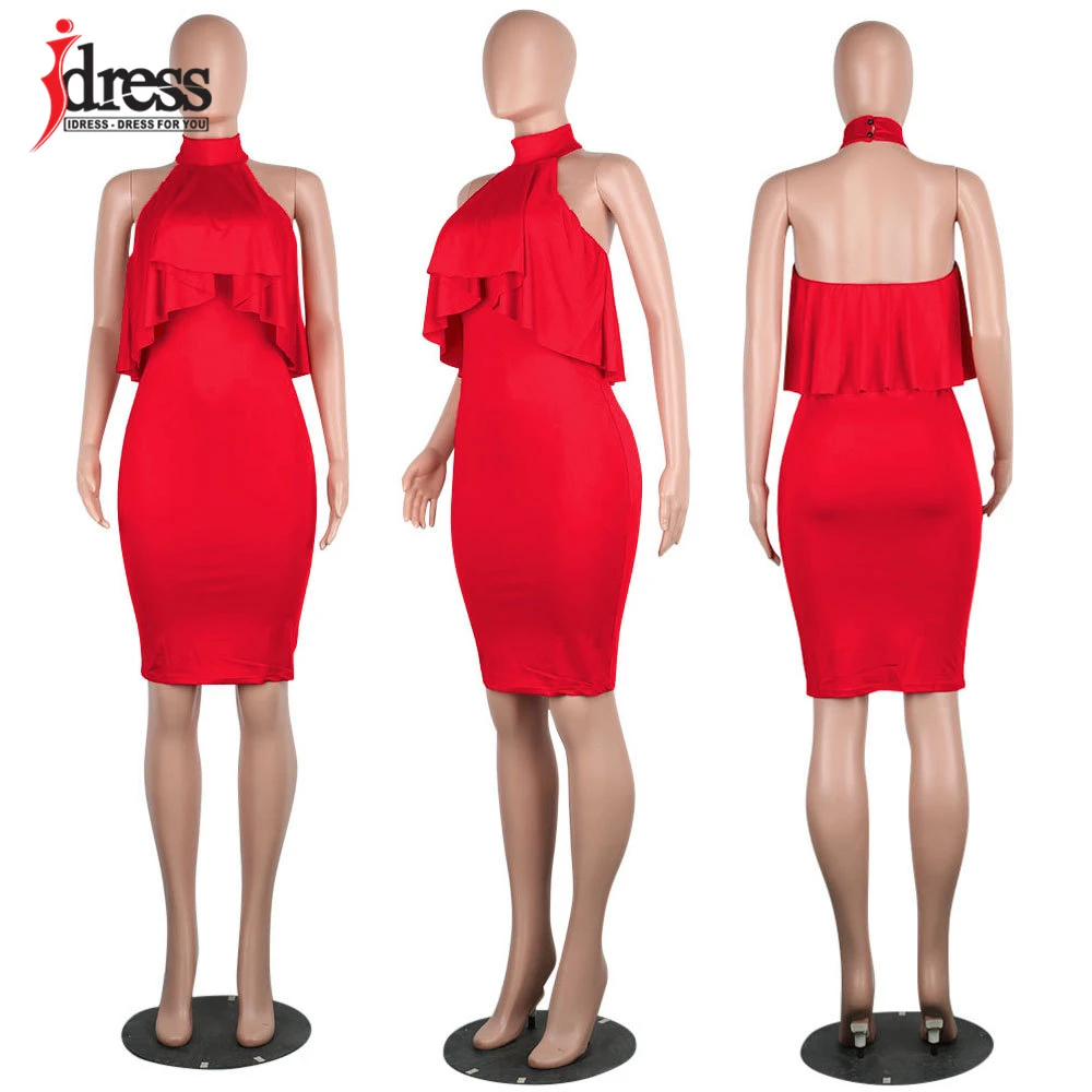 IDress Black Blue Green Red Dress Summer Women's Sexy Ruched Off Shoulder Halter Neck Bodycon Club Lotus Collar Midi Dress (3)