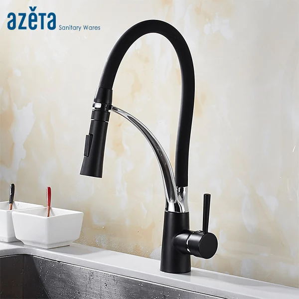 Azeta смесители для кухни с черной резиновой трубкой дизайн одной ручкой Бортике горячей и холодной воды вытащить Кухня Tap AT2288B