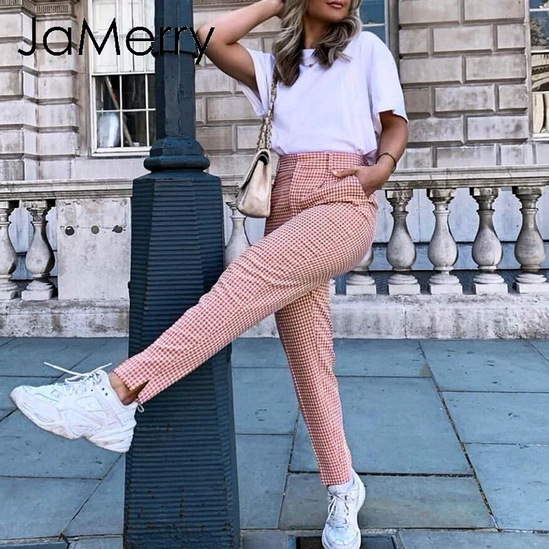 Женские винтажные клетчатые повседневные брюки JaMerry розовые рабочие Брюки Капри