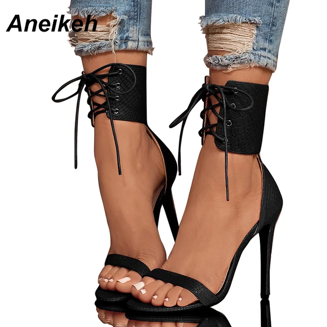 Aneikeh Summer High Heels Sandals Sexy Peep Toe Cross-Strap Shoes Ladies Elegant Pump Dress Sandalias Mujer Snakeskin White 40 