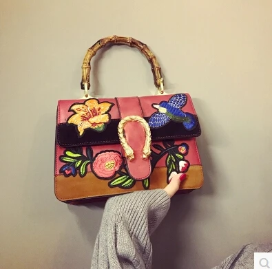 

2017 New Fashion Bamboo Handle Women's Handbag Embroidery Flower and Bird Brand Style Women's Messenger Bag PU Leather Handbag