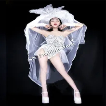 BC89 Christmas ballroom dance costumes white singer stage show clothing catwalks dj performance dresses headdress party