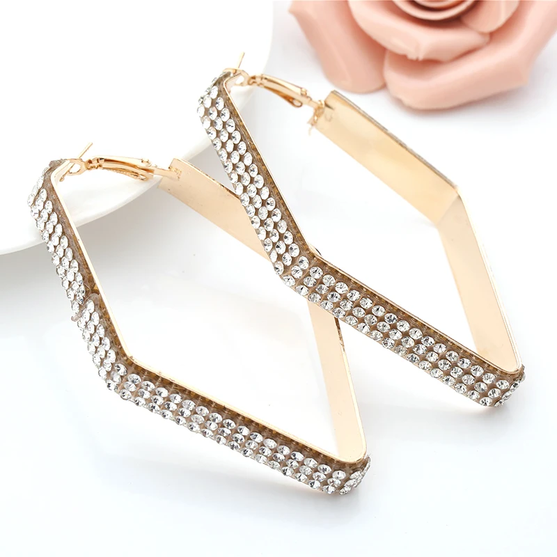 Square Big Hoop Earrings Statement Jewelry Metal Rhinestones Earrings