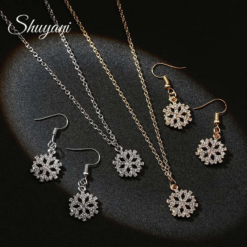 

Fashion Crystal Cute Snowflake Pendant Dangle Choker Necklace Earrings Jewelry Sets for Women Wedding Gifts Accessories