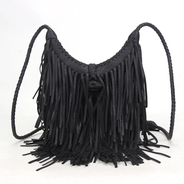 Богемные женские сумки через плечо с кисточками, винтажные плетеные женские сумки, Роскошные Сумки из искусственной кожи, сумки на плечо, летние пляжные кошельки - Цвет: Big black