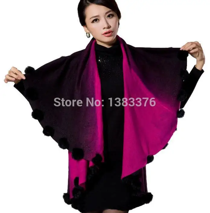 

Scarves Shawl 2015 new winter coat large size women's rabbit fur ball double jacquard knit cape shawl cardigan women 42238