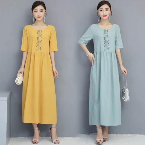

Embroide Woman Cloth Light Blue Linen Etnik Elbise High Waist Vintage Dress Long Women's Dresses Flax Maxi Dress Ethnic Clothing