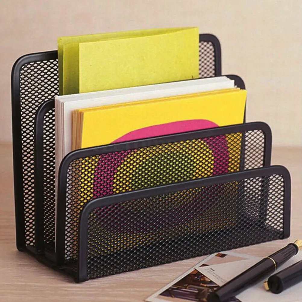 Black Metal Mesh Desk Organizer Desktop Letter Sorter Mail Tray