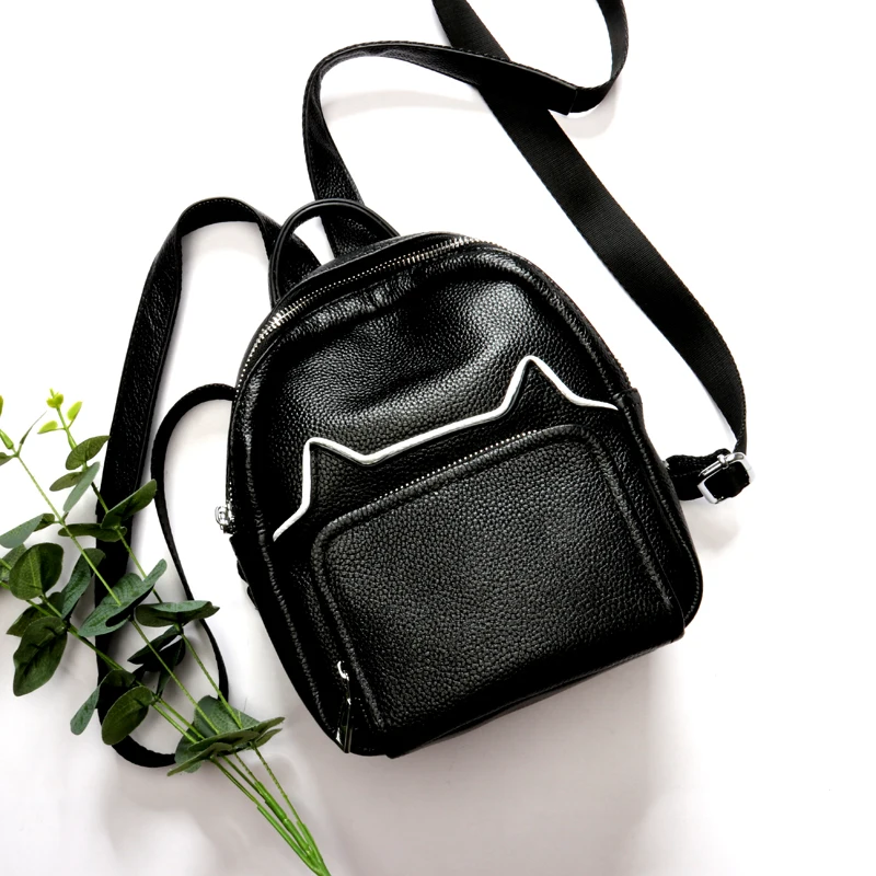 

2018 New Genuine Cowhide Fashion Cat Ear Student Backpack Big Capacity All-match Lady Travel Bag Free shipping