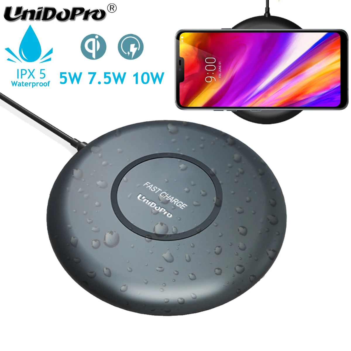 

Unidopro IPX5 Waterproof Wireless Charger Pad for AGM X3 / X3 Turbo , AllCall Mix2 , Gionee M7 Plus Qi Chargeur Induction