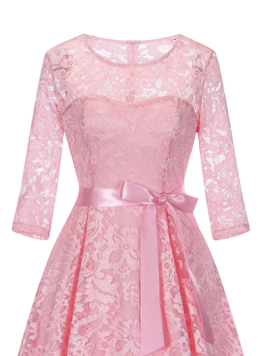 Gladiolus Hot 2018 Autumn Dress Women 34 Sleeve Sexy Lace Hollow Belt Tunic Midi Vintage Dress Evening Cocktail Party Dresses (18)