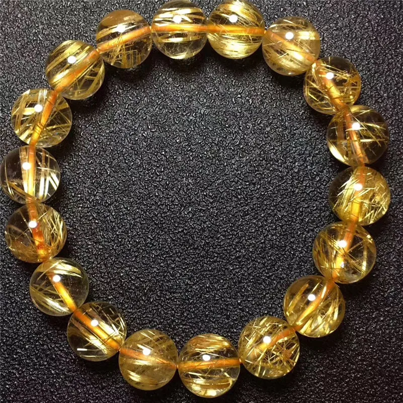 

11.5mm Natural Brazil Gold Rutilated Titanium Quartz Bracelet Woman Man Business Wealthy Round Crystal Beads Charm Jewelry