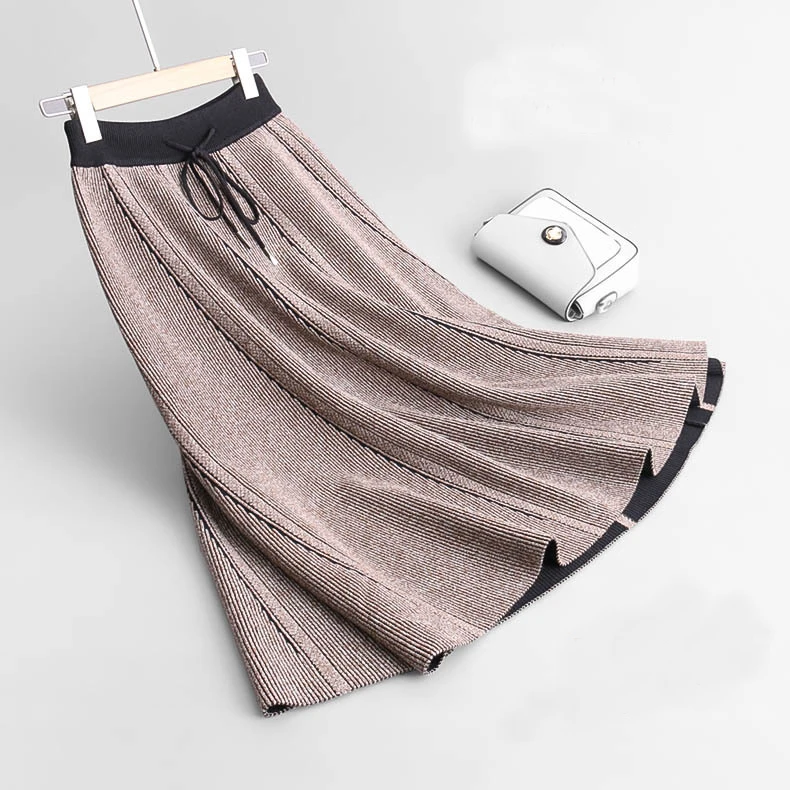 Prezzo 2018 Primavera Autunno Donna Gonne Stretch Vita Sottile Lavorato A Maglia Midi Gonne Saia Faldas Femminile Donne Cammello di Lunghezza Del Ginocchio Gonna Nera