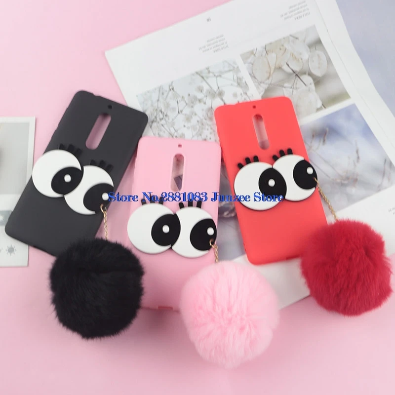 

3D Cartoon Hard Big Eyes Case For Nokia 5 Rabbit Fur Fluffy Ball Fuzzy Case For Nokia 5 TA-1053 TA-1024 TA-1044 Soft TPU Cover