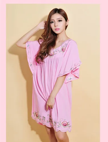 Весенне-летний рукав летучая мышь ночная рубашка код шелковая вышитая пижама и платье с рукавами-бабочками - Цвет: Розовый