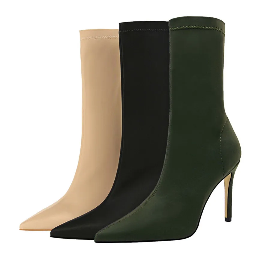 Concise Lycra Stretch Women's Boots New Autumn High Heels Shoes Pointed Toe Sexy Sock Boots Party Bare Booties Female Size 34-43