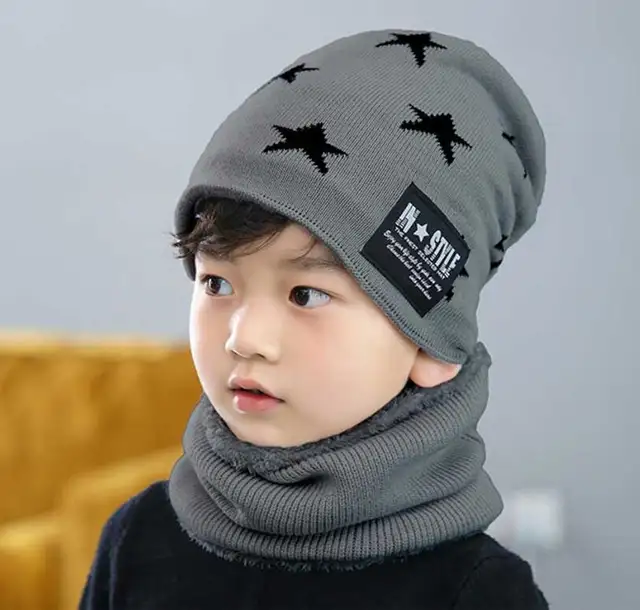 Boys Winter Hat And Scarf Set For Children Girl Star Print Jacquard