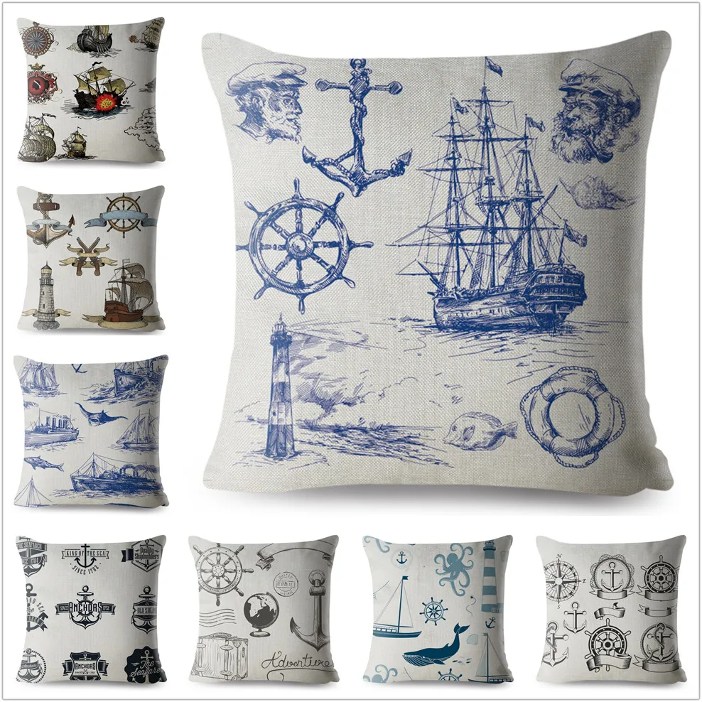 Nautical Theme Lighthouse Sailboat Anchor Print Pillow Case 45*45