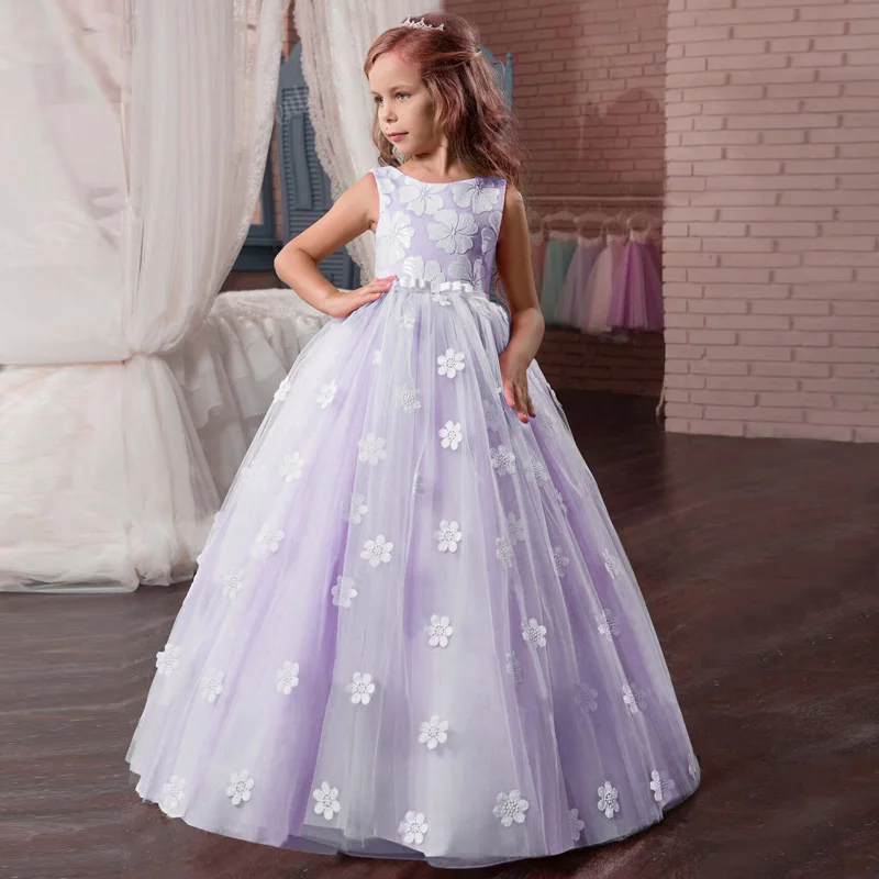 Длинные Вечерние Платья с цветочным узором для девочек на свадьбу Детские платья для девочек, платье принцессы подростковое платье Vestidos для детей 7, 8, 9, 10, 12, 14 лет - Цвет: Purple