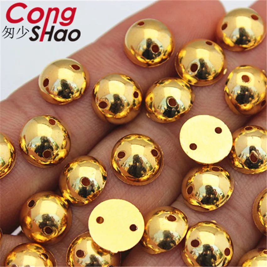 Cong Shao 100Pcs 10mm Gold Color stones and crystal Acrylic Round rhinestone trim flatback sewing 2 Hole DIY Wedding Dress ZZ733