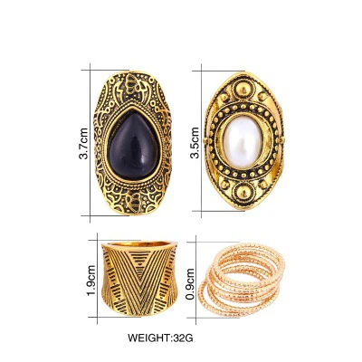 

Fashion Exclusive VIP Custom Vintage Ancient Gold 9pc Ring Set Leaf Geometric Pattern Opal Mosaic Gothic Rings for Women Jewelry
