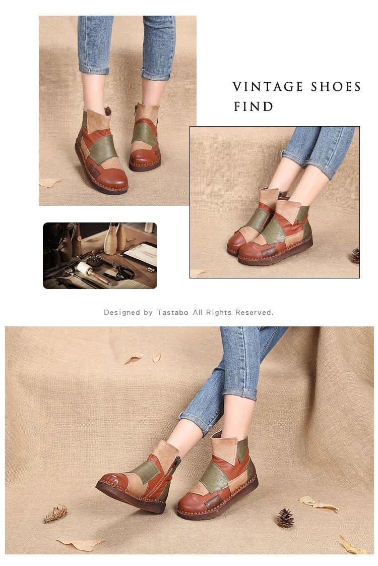 Tastabo/модная дизайнерская обувь; женские Разноцветные Повседневные ботильоны ручной работы в стиле ретро; женская обувь из натуральной кожи на плоской подошве