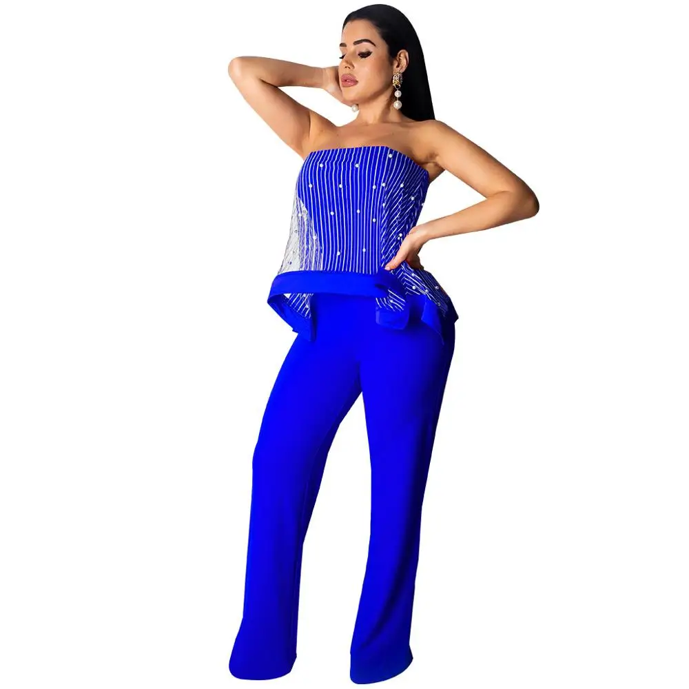 Echoine Sheer Mesh женский комбинезон с открытыми плечами жемчужные декоративные камни комбинезоны без рукавов цельный купальник женский комбинезон - Цвет: Blue Jumpsuit