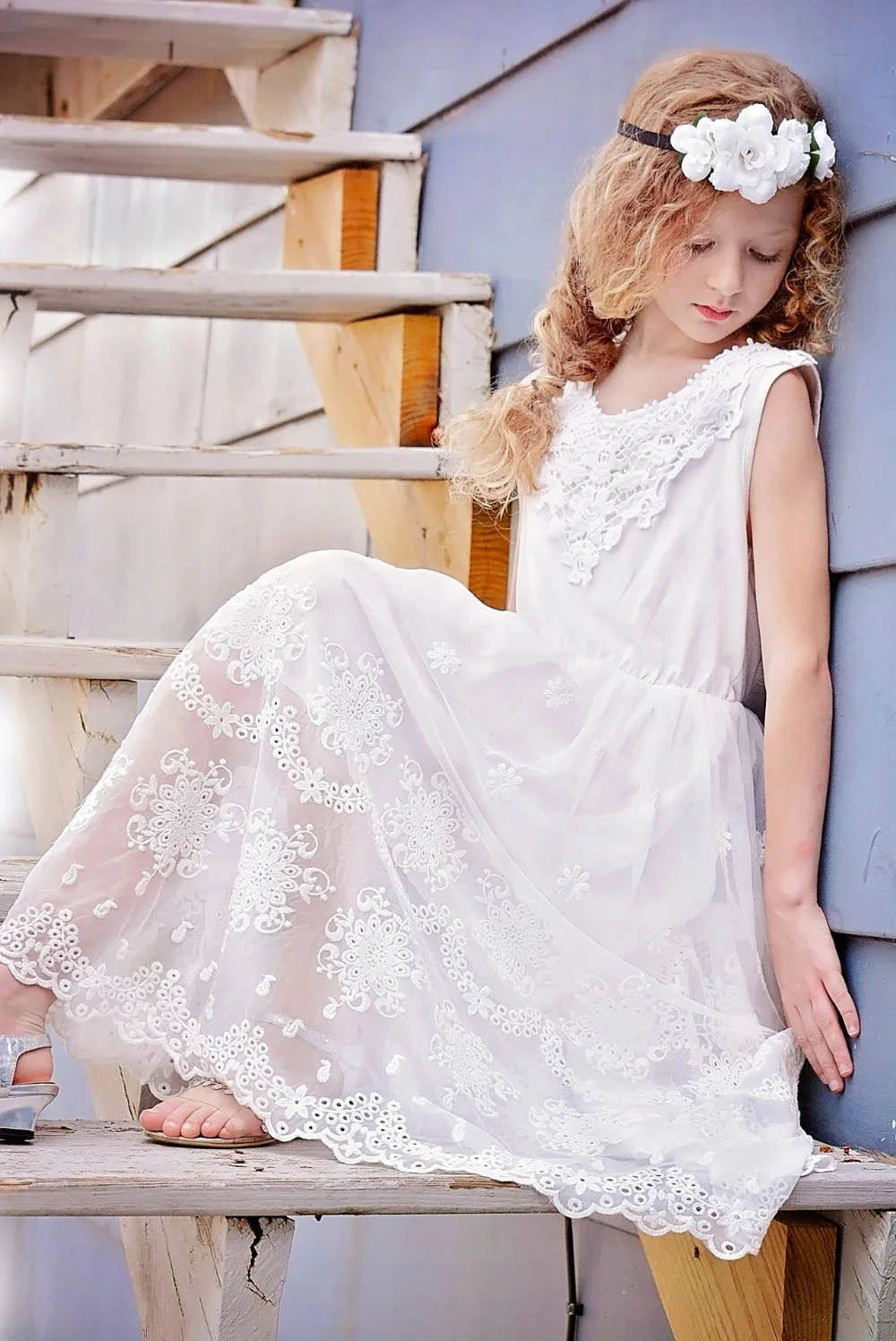 Girls Lace White Maxi Dress Princess Ruffles Western Holiday Party