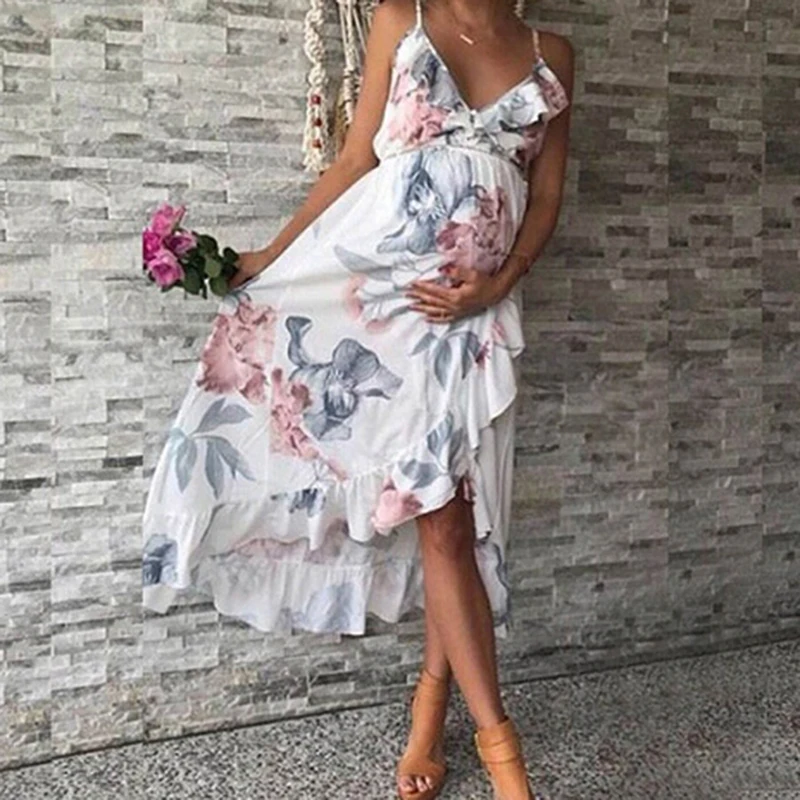 

Summer New Boho Style Dress Fashion Strap Dresses Women Floral Print Irregular Dress Pregnant Beach Vestidos