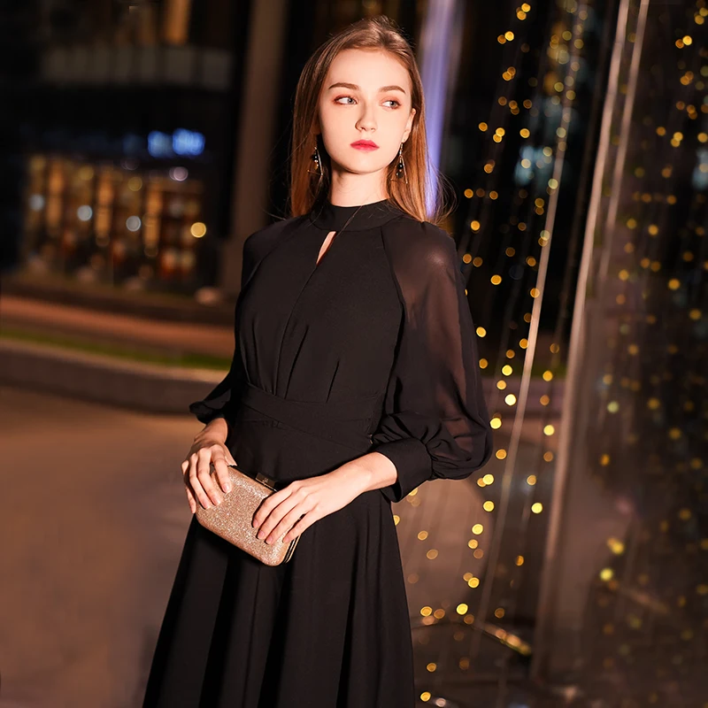 Weiyin черные элегантные трапециевидной формы длинное вечернее платье с высоким воротом одежда с длинным рукавом Вечерние платья лиф платье для летней WY1242