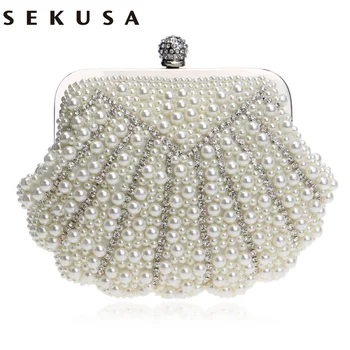 

SEKUSA Shell Shaped Handmade Luxurious Wedding Handbags Beaded Rhinestones Purse Evening Bags Diamonds Clutches Bag