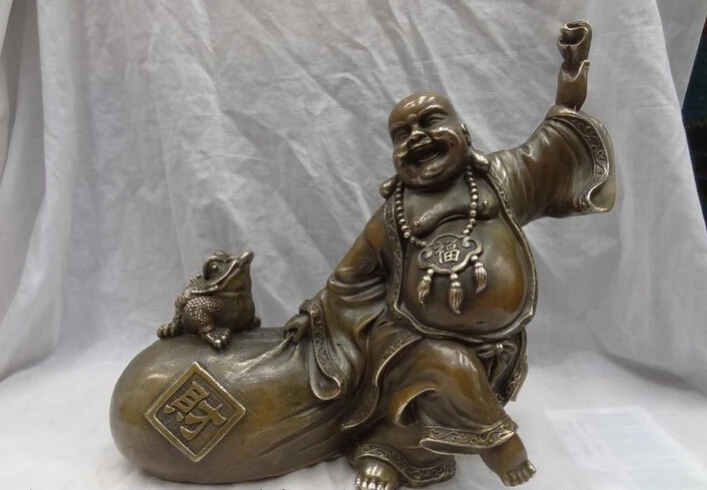 

song voge gem S2557 13" Chinese Bronze Coin Cai Fu Bag Hoptoad Happy Laughing Maitreya Buddha Statue