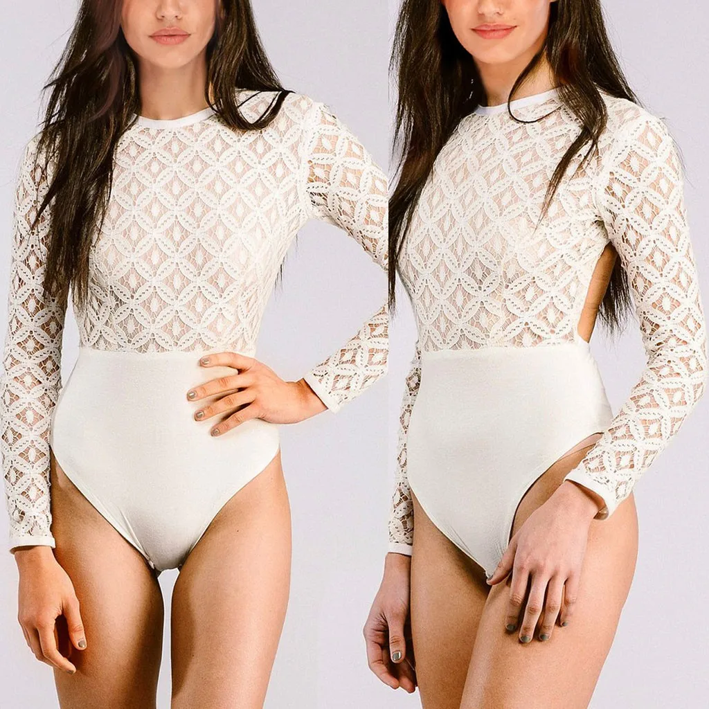 

sexy bodysuit Women's Fashion Sexy Long Sleeve Fit lace Stitching Jumpsuit women jumpsuit