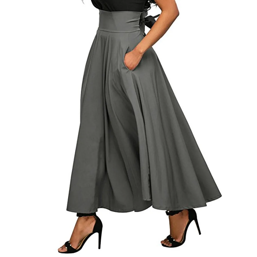 Женские юбки с высокой талией, осенняя Повседневная плиссированная трапециевидная длинная юбка с разрезом спереди и поясом с карманом, юбка макси, Vestido Midi# Z - Цвет: Dark Grey