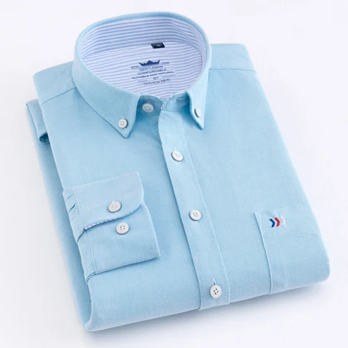 Мужская классическая рубашка с длинным рукавом Оксфорд однотонный тканый нашивка для рубашки карман с аппликацией логотипа на груди Повседневные рубашки на пуговицах - Цвет: Небесно-голубой