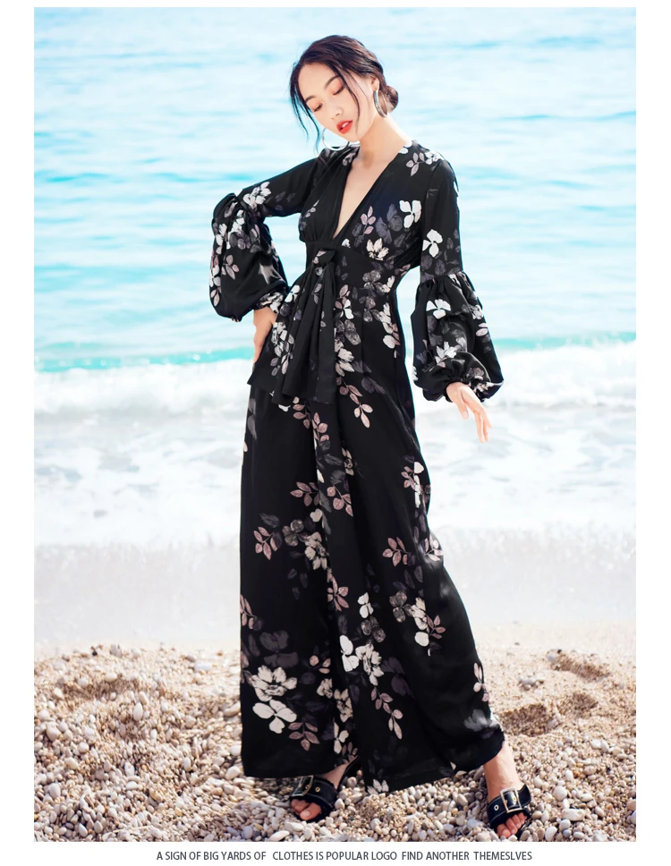 Сексуальный женский комбинезон с длинными рукавами-фонариками, глубокий v-образный вырез, черные вечерние комбинезоны с цветочным принтом, летние пляжные комбинезоны, женский комбинезон