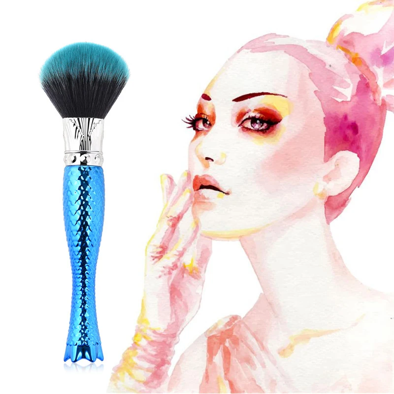 

Foundation Brush Nylon Wool Makeup Brush Remove Dust Powder Brush Fishtail Shape Handle Dust Clean Make Up Shiny Blue Brush Tool