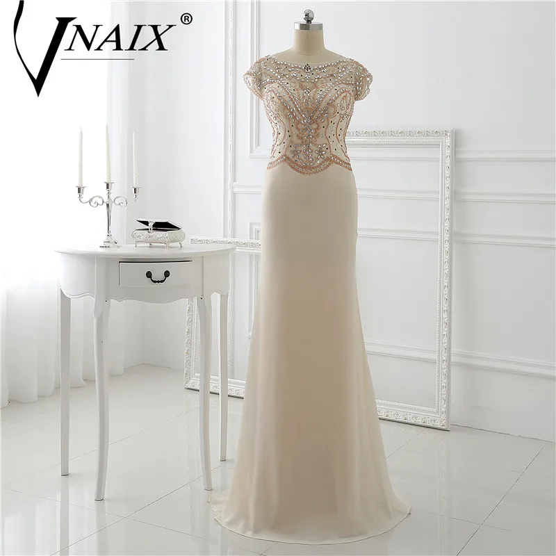 Vnaix P3060 Cheap Long Sleeve Prom Dresses Lace Chiffon Appliques Beaded Prom Dress Sexy Low Back Slit Gowns Long Party Dresses