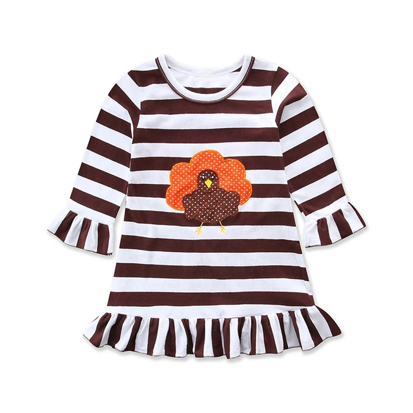 Baby Girls Spring Winter Dress Happy Thanksgiving Toddler Baby Girl Turkey Print Dress Stripe Sundress Outfit Cotton Hot Sale #5