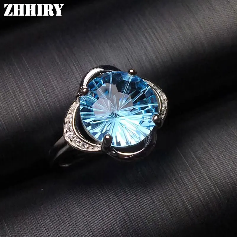 ZHHIRY Настоящее натуральное фейерверк Голубой топаз кольцо для женщин 925 пробы серебряные драгоценные камни кольца ювелирные украшения