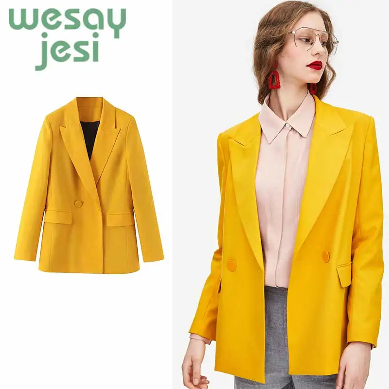 

2019 Women Double Breasted chic blazer Office Lady Small Suit Jacket Ladies Leisure Yellow Lady's suit Coat Streetwear