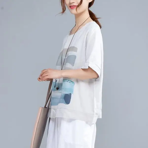BUYKUD Women Cotton Blouse Shirt 2019 Female Clothing Short Sleeve Blusas O-Neck Grey Women's Blouses Print Casual Lady OL Top (5)