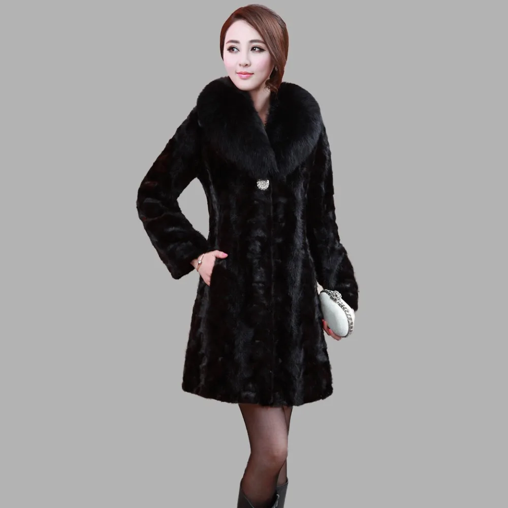 Fur Story 16149 Luxury Women's Real Mink Fur Overcoat with Real Fox Fur