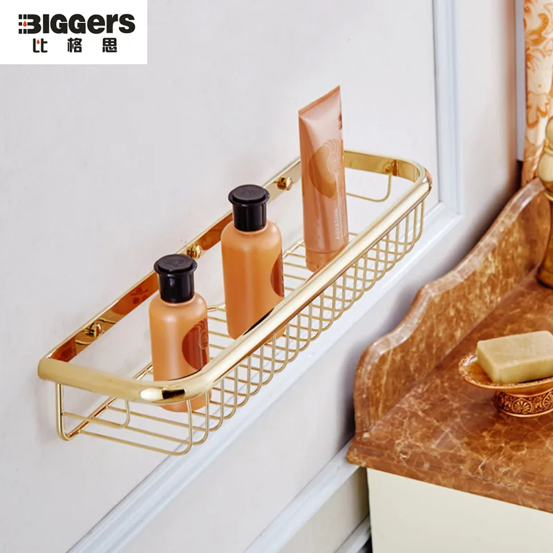 

Free shipping Luxury European gold plated copper bathroom wall shelf storage basket 45cm length