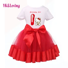 Nouvelle Arrivée 2015 Bonjour Kitty Bébé Similaire Fille 1er Anniversaire à Manches courtes T-Shirt + Tutu Rouge Robe Enfants Portent des Vêtements ensemble